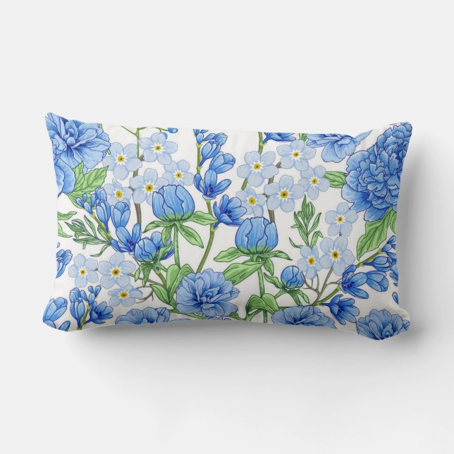 Coussin Rectangle Fleurs de printemps bleues au feuillage vert (Verso)