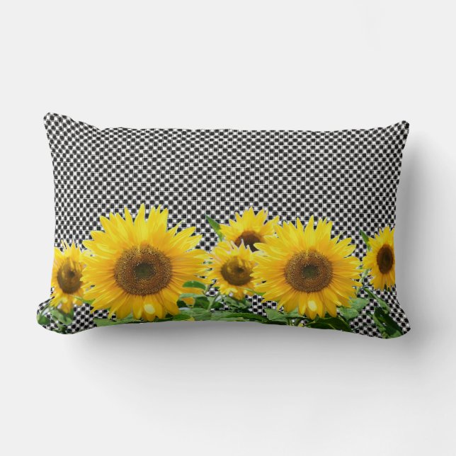 Coussin Rectangle Fleurs de soleil sur motif d'échecs noir et blanc (Recto)