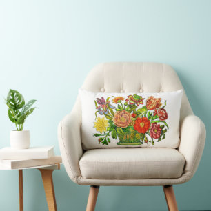 Coussin Rectangle Fleurs d'été en panier, Art Vintage