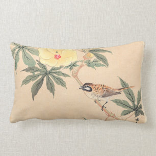 Coussin Rectangle Fleurs d'oiseau de Keibun Matsumoto de moineau et