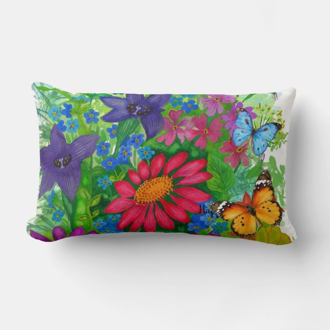 Coussin Rectangle Fleurs et papillons lumineux peints à la main (Recto)