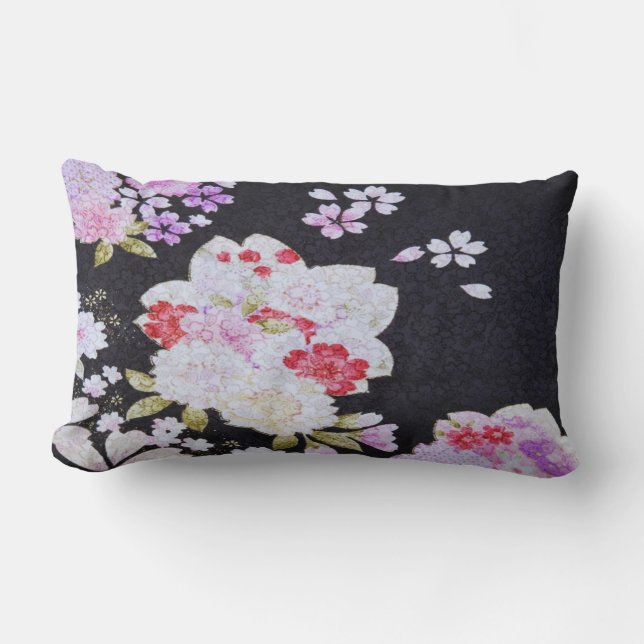 Coussin Rectangle Fleurs florales japonaises traditionnelles noires  (Recto)