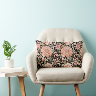 Coussin Rectangle Fleurs Florales Rose Pêche Fond Noir Végétal