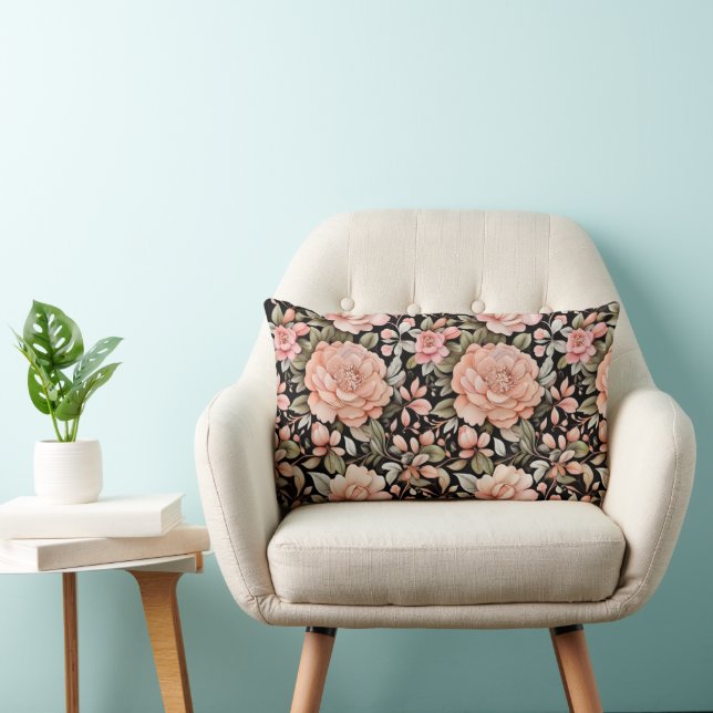 Coussin Rectangle Fleurs Florales Rose Pêche Fond Noir Végétal (Chaise)