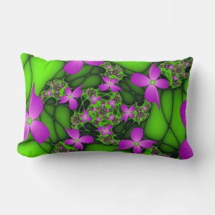 Coussin Rectangle Fleurs fractales abstraites modernes rose vert néo