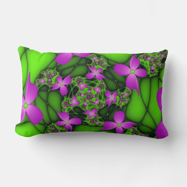 Coussin Rectangle Fleurs fractales abstraites modernes rose vert néo (Recto)