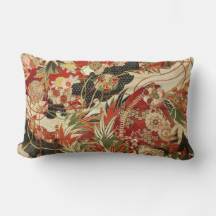 Coussin Rectangle FLEURS JAPONAISES ANCIENNES Rouge Vert Noir Floral