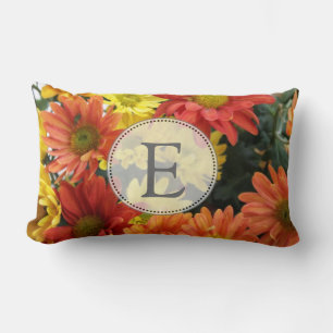 Coussin Rectangle Fleurs marguerites d'automne rouge, jaune, orange.