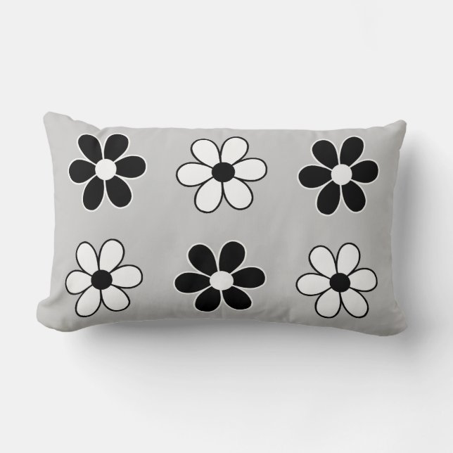 Coussin Rectangle Fleurs modernes noir et blanc sur gris argent clai (Recto)