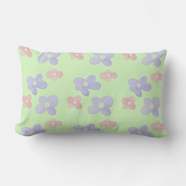 Coussin Rectangle Fleurs rose bleu sur vert pastel (Recto)