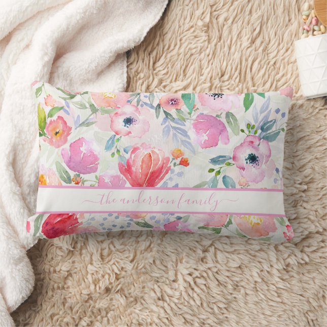 Coussin Rectangle Fleurs rose saumon écriture nom de famille bohème (Couverture)