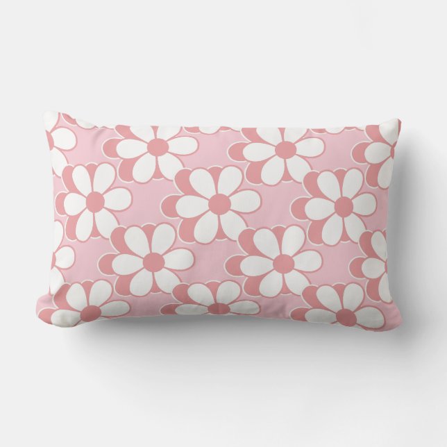 Coussin Rectangle Fleurs roses et blanches modernes sur fond rose cl (Recto)