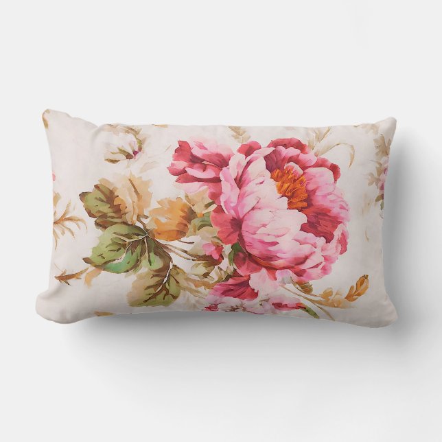 Coussin Rectangle Fleurs roses et orange exquises. Shabby Chic (Recto)