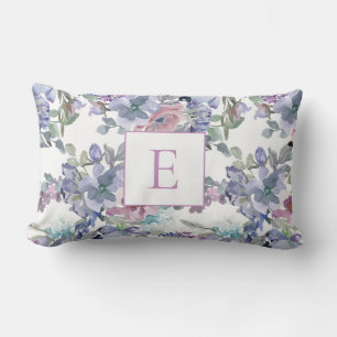 Coussin Rectangle Fleurs roses poussiéreuses bleu violet Monogramme