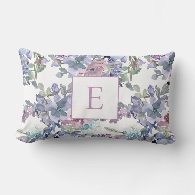Coussin Rectangle Fleurs roses poussiéreuses bleu violet Monogramme  (Recto)