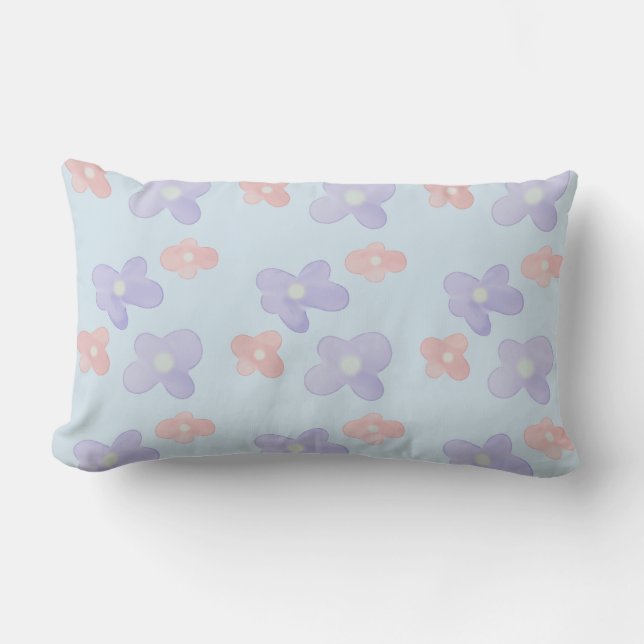 Coussin Rectangle Fleurs roses sur bleu pastel (Recto)