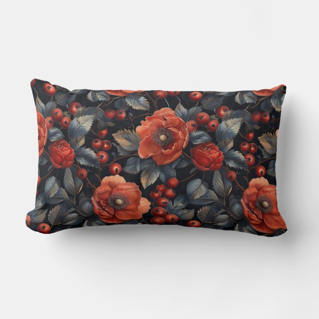 Coussin Rectangle Fleurs rouges en noir (Recto)