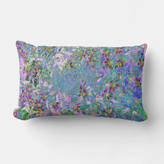 Coussin Rectangle Fleurs sauvages rétro violettes, vertes et bleues  (Recto)