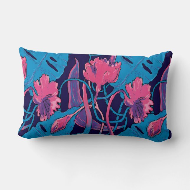Coussin Rectangle Fleurs sauvages tropicales bleues roses modernes e (Verso)