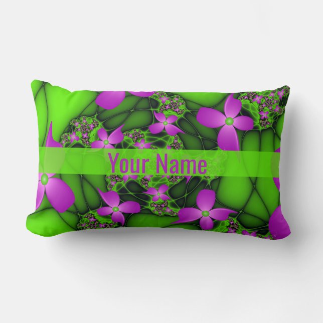 Coussin Rectangle Fleurs Vertes Roses Néon Abstraites Modernes Nom (Recto)