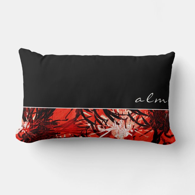 Coussin Rectangle Floral Abstrait noir rouge et blanc | Monogramme (Recto)