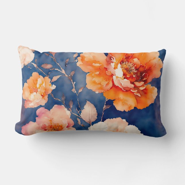 Coussin Rectangle Floral bleu marine et orange (Recto)