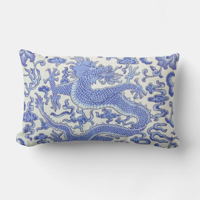 Coussin Rectangle Floral de dragon oriental chinois bleu et blanc (Recto)