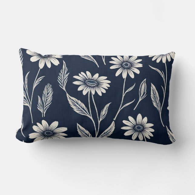 Coussin Rectangle floral d'été bleu et blanc - style imprimé en bloc (Recto)