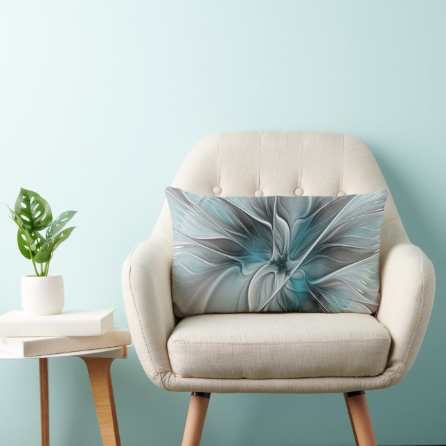Coussin Rectangle Floral Fractal Moderne Fleur Abstrait gris bleu (Chaise)