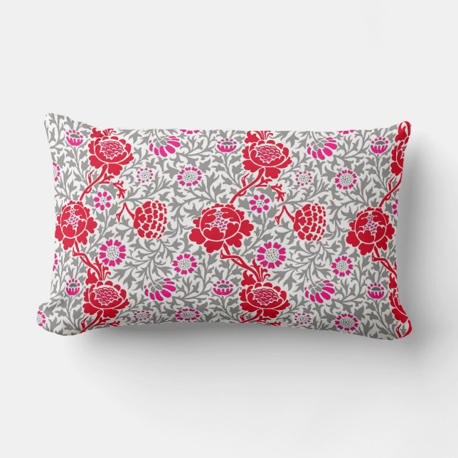 Coussin Rectangle Floral jacobéen, Rouge profond, rose et gris Lumba (Recto)