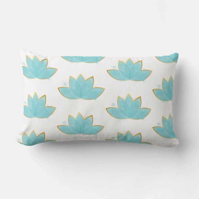 Coussin Rectangle Floral Lotus Aquarelle Mer Bleu & Faux Or (Recto)