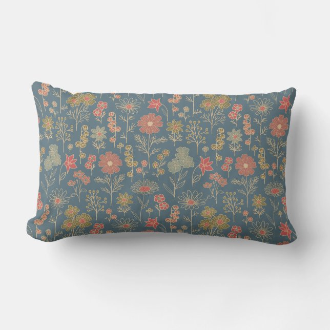 Coussin Rectangle Floral moderne Denim Blue & Coral (Recto)