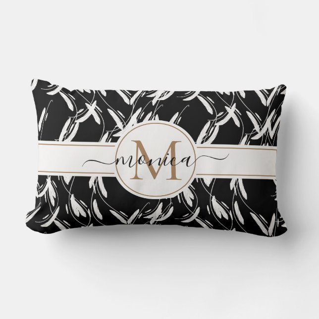 Coussin Rectangle Floral noir et blanc monogrammé (Recto)