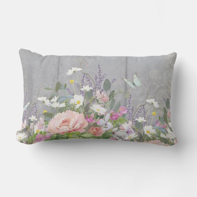Coussin Rectangle Floral Peony Peony Fleurs sauvages Bois rustique (Recto)