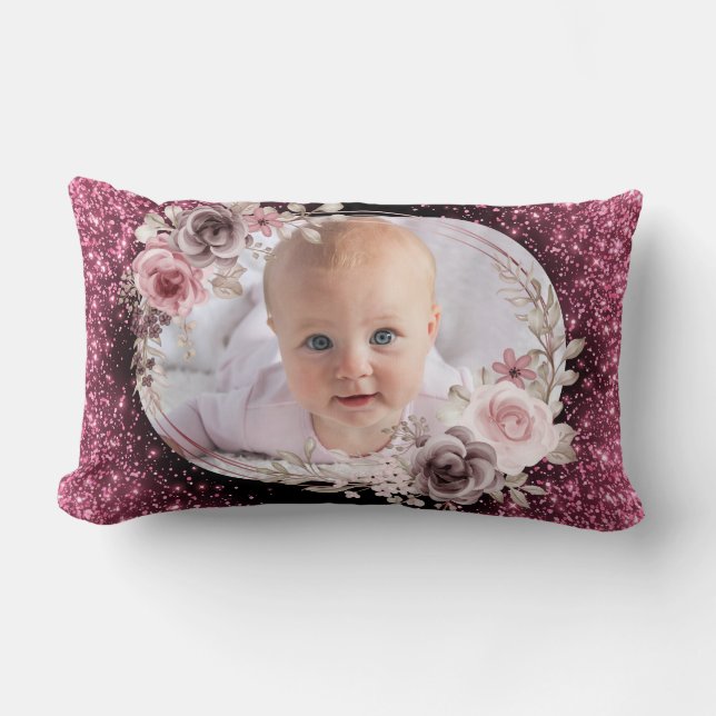 Coussin Rectangle Floral Pink Gold Two Photo Baby Girl cute (Recto)