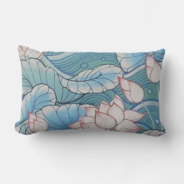 Coussin Rectangle Floral rose de Chinoiserie et bleu oriental en (Recto)