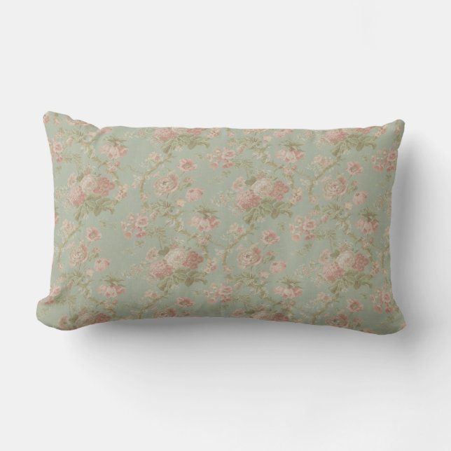 Coussin Rectangle Floral vintage élégant s'est levé, vert et rose (Recto)