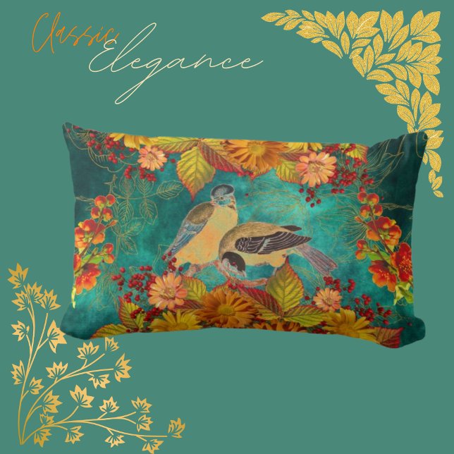 Coussin Rectangle Florals Chutes avec Oiseaux adossés à Rich Turquoi (Créateur téléchargé)