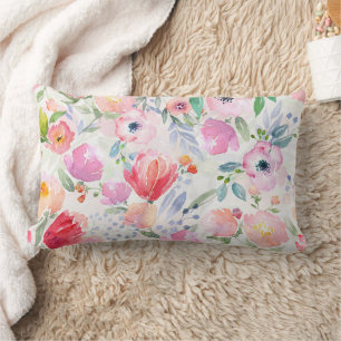 Coussin Rectangle Floraux rose aquarelle blanc