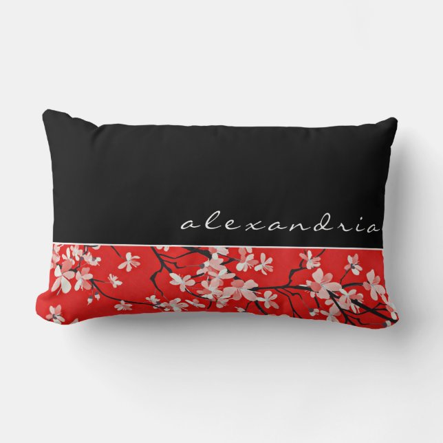 Coussin Rectangle Flore de fleurs de cerisier rouge | Noir | Nom per (Recto)