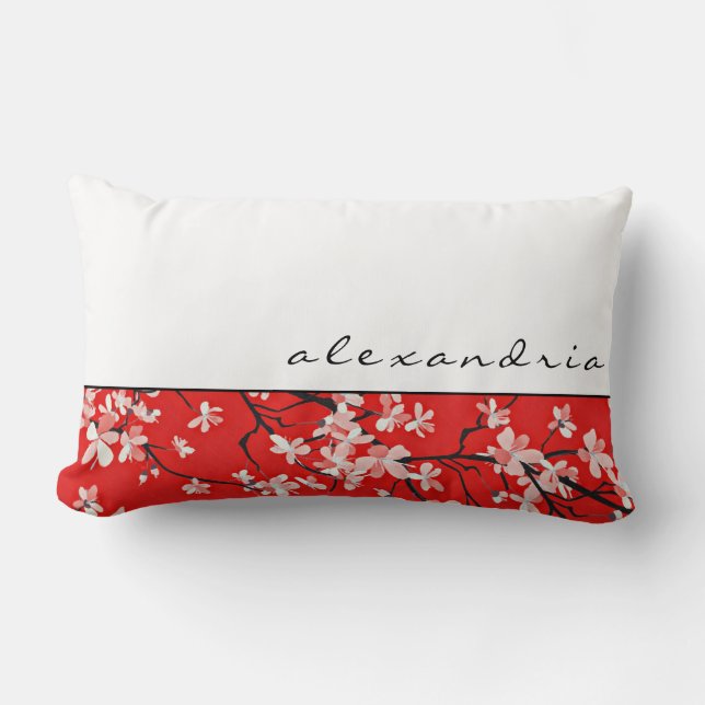 Coussin Rectangle Flore de fleurs de cerisier rouge | Nom personnali (Recto)