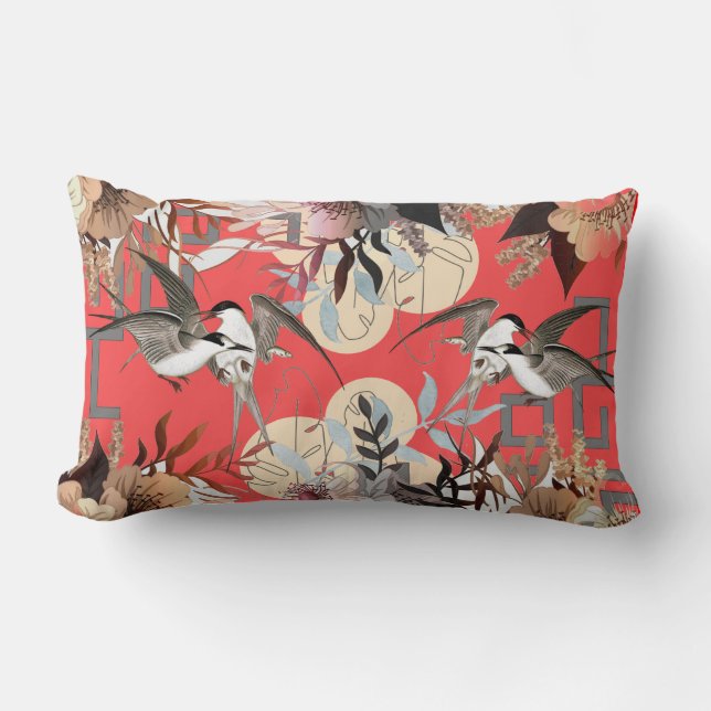 Coussin Rectangle Flore élégant, oiseaux Géométrie sur le rouge ceri (Recto)