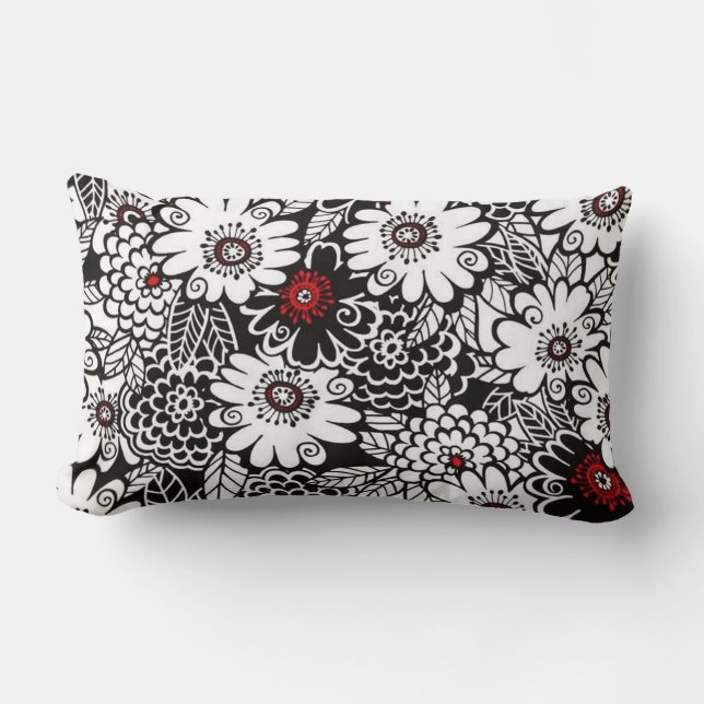 Coussin Rectangle Flore noire/blanche/rouge (Recto)