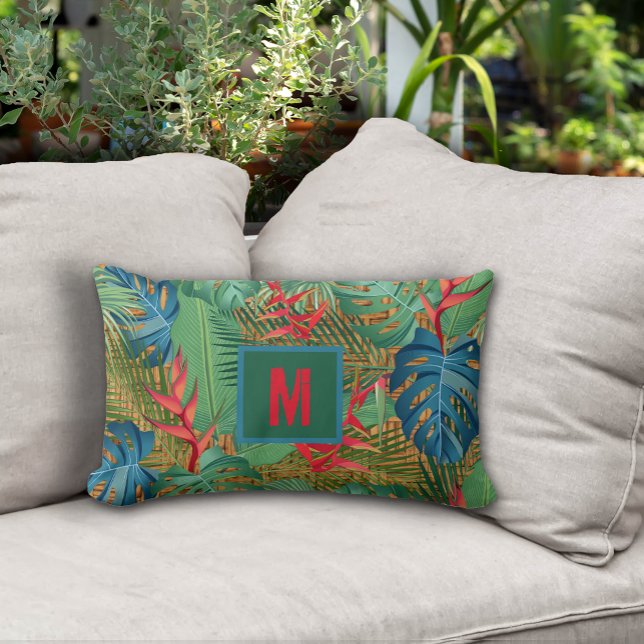 Coussin Rectangle Flore tropicale monogramme sur l'impression en osi (Monogrammed Tropical Floral on Wicker Print Lumbar Pillow - 2 more sizes in our collection)