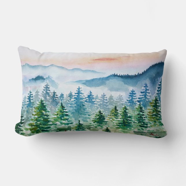 Coussin Rectangle Forêt d'aquarelles et montagnes (Recto)