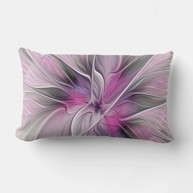 Coussin Rectangle Fractal Floral Moderne Abstrait Fleur Rose Gris (Recto)