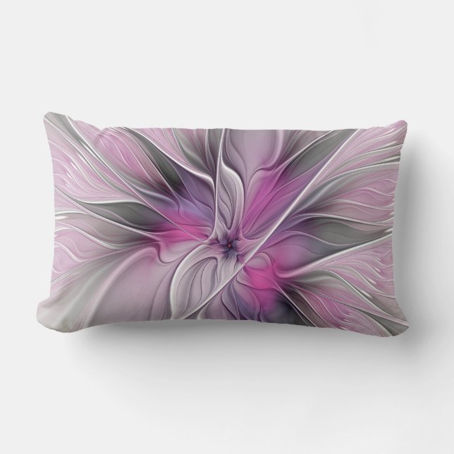 Coussin Rectangle Fractal Floral Moderne Abstrait Fleur Rose Gris (Recto)