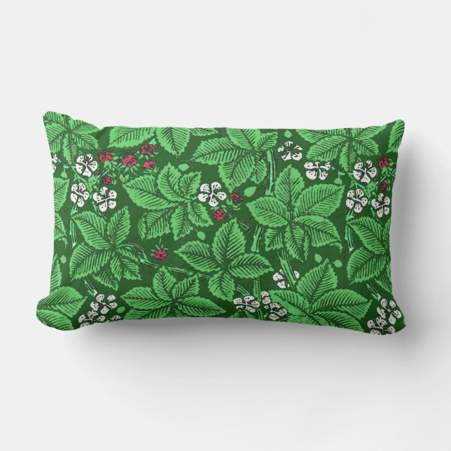 Coussin Rectangle Fraises et Feuilles Art Nouveau, Emerald Green (Recto)