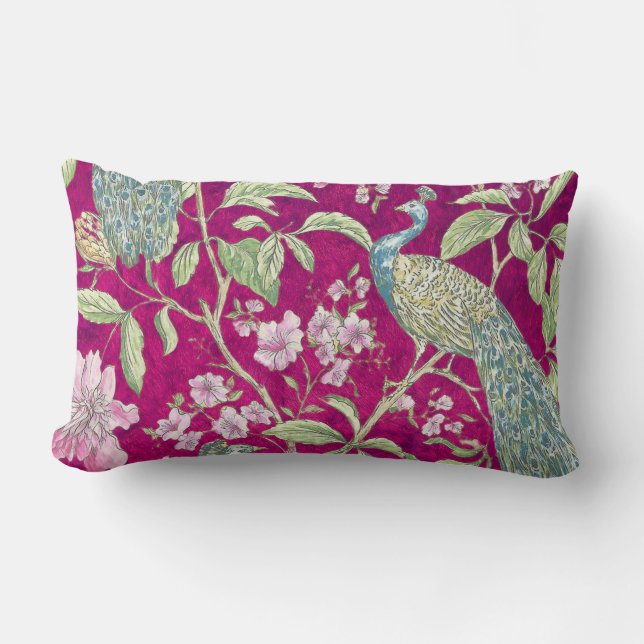 Coussin Rectangle Fuchsia Chinoiserie paon floral (Recto)