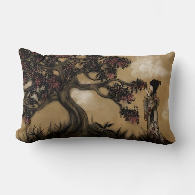 Coussin Rectangle Geisha de style japonais et arbre florissant (Recto)